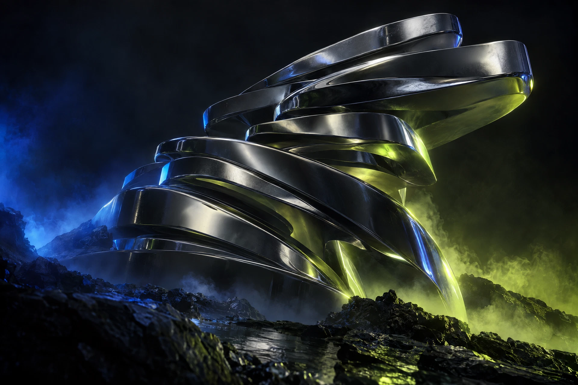 Chrome sculpture illuminated in blue and lime for the NOVA Objects commerce concept