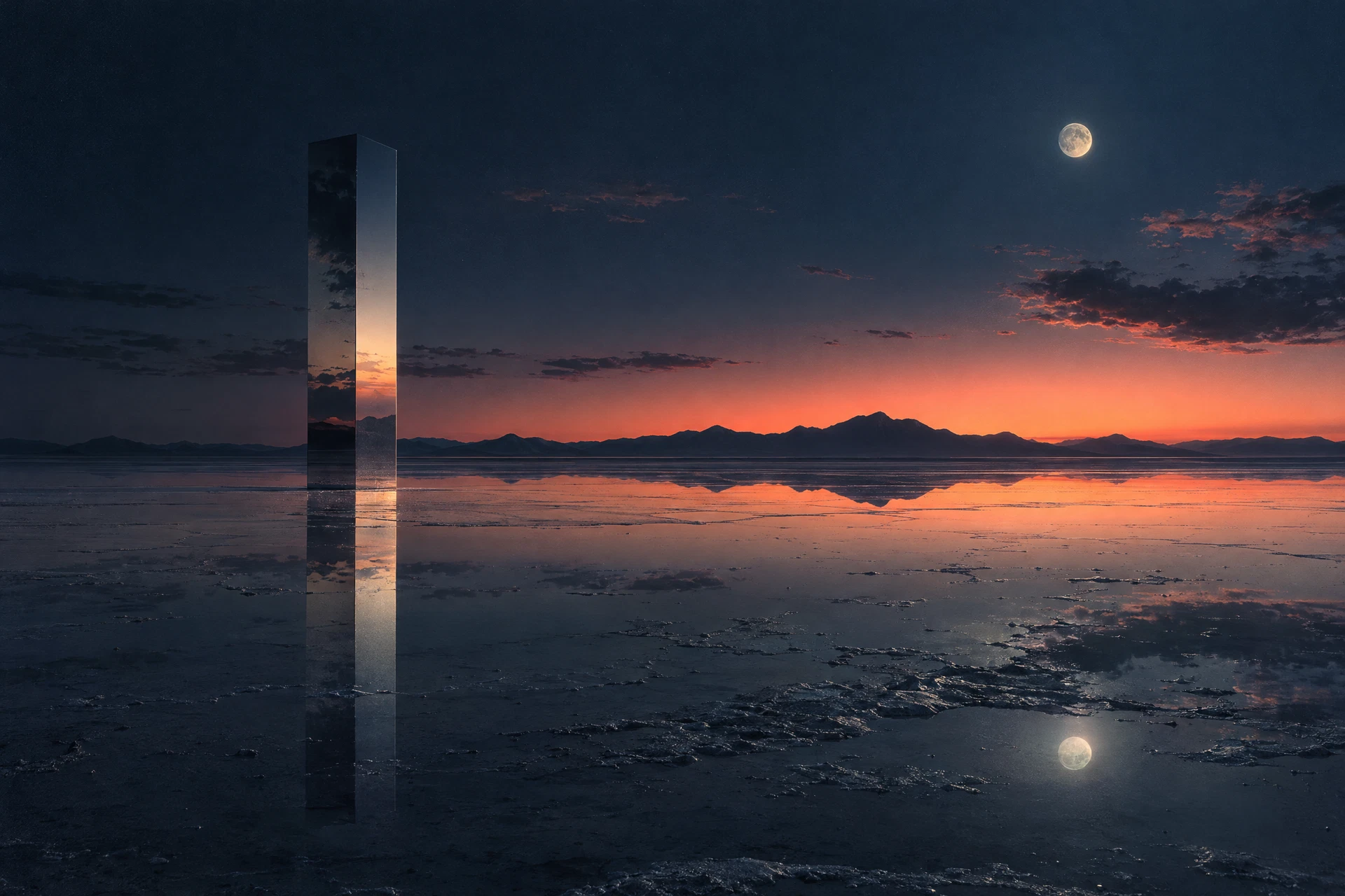 Mirrored monolith at dusk for the SORA Retreats hospitality concept